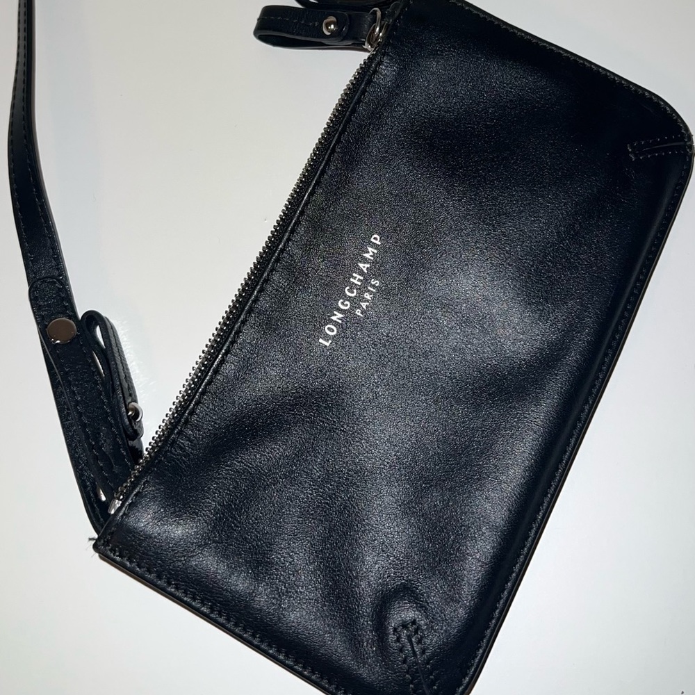Longchamp Black leather mini crossbody wallet bag